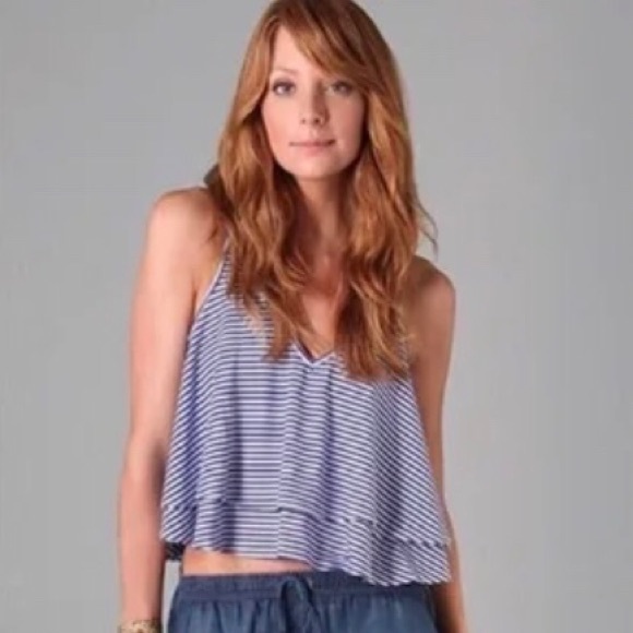 MINKPINK line up striped layered tank top sz L  blue & white striped vneck crop - Picture 1 of 10